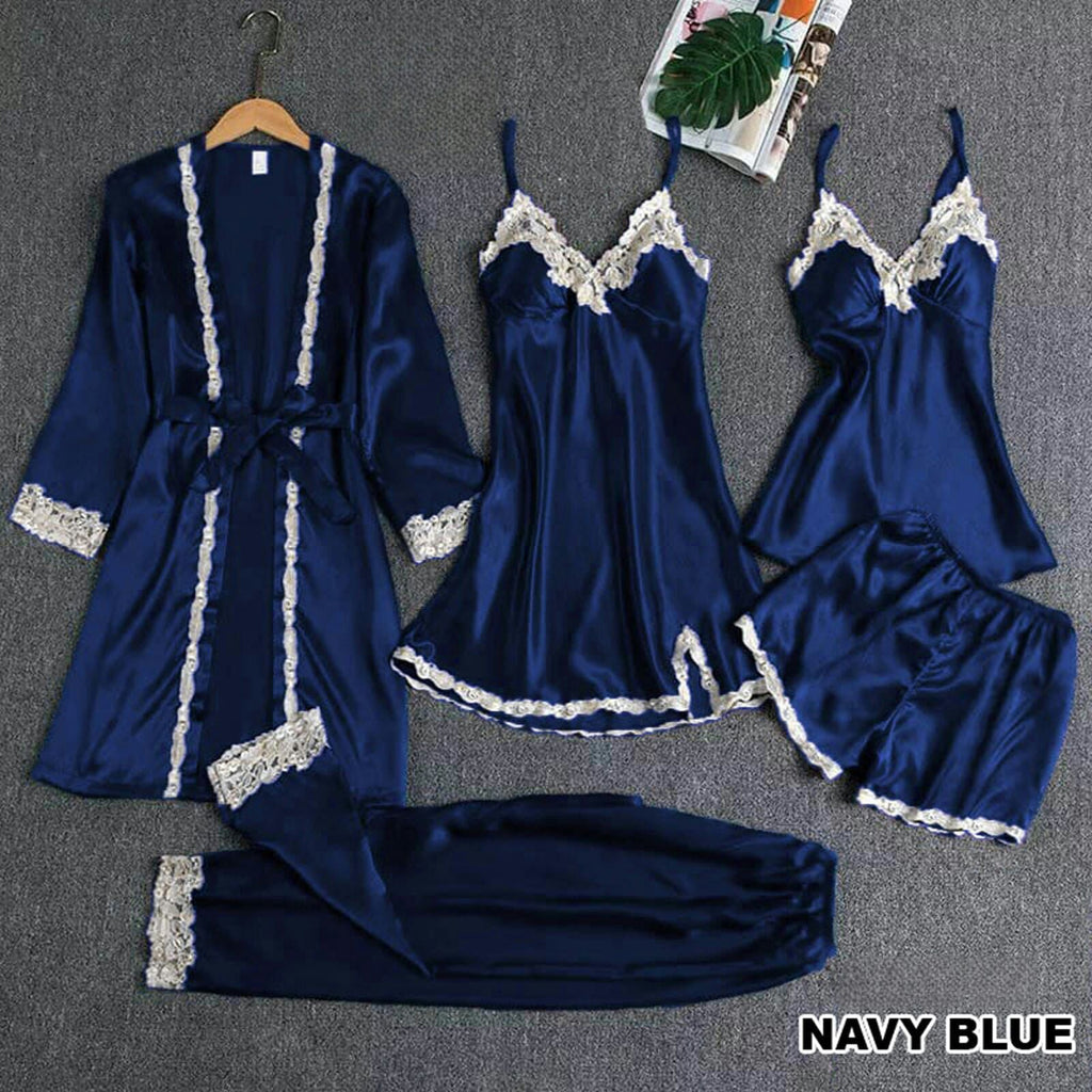 5 PEICE NIGHT SUIT  INCLUDES OPEN GOWN, 2 DIFFERENT INNERS, SHORTS AND TROUSER