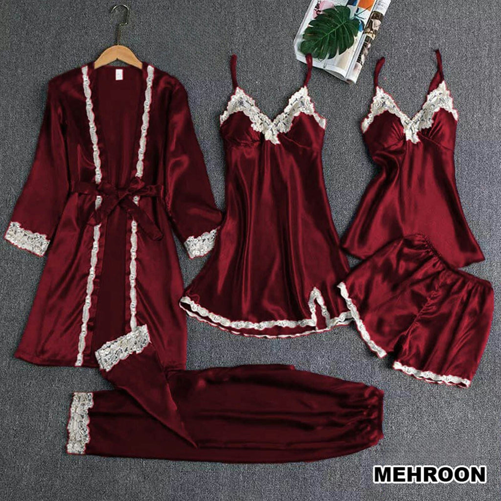 5 PEICE NIGHT SUIT  INCLUDES OPEN GOWN, 2 DIFFERENT INNERS, SHORTS AND TROUSER