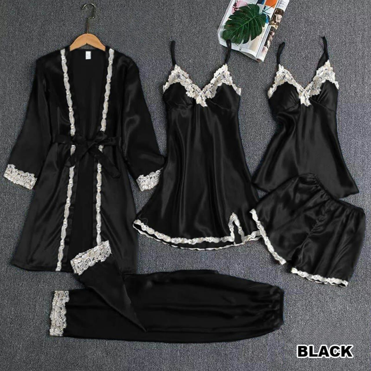5 PEICE NIGHT SUIT  INCLUDES OPEN GOWN, 2 DIFFERENT INNERS, SHORTS AND TROUSER