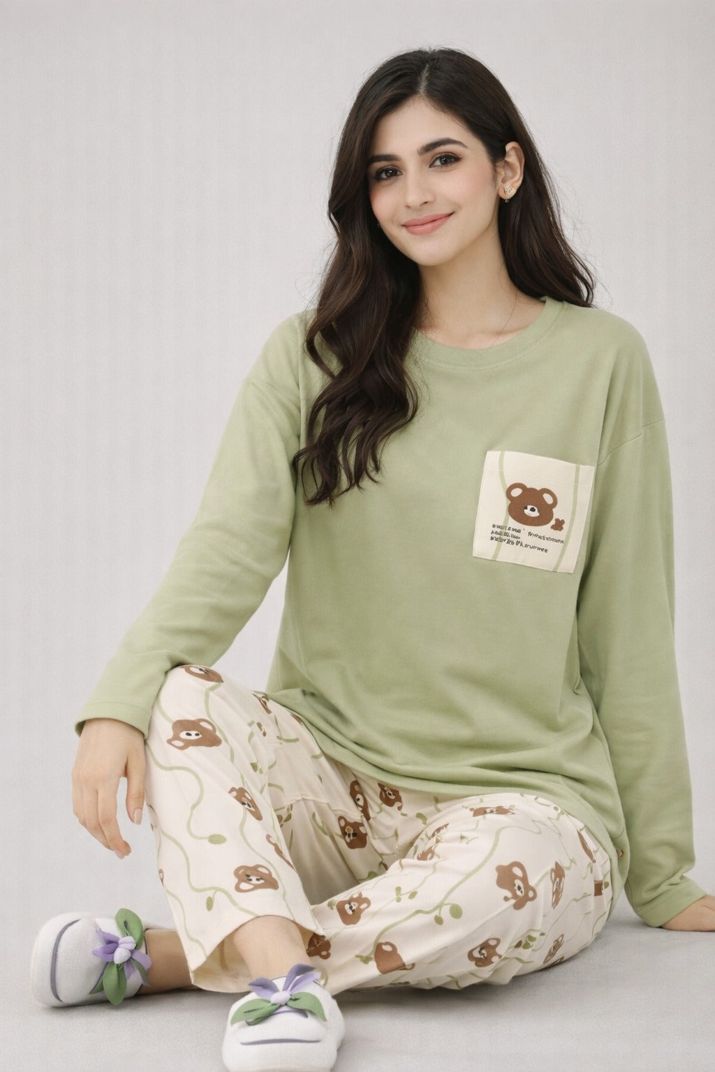 Green Bear Design Night Suit – Premium Soft Fabric for Girls & Women
