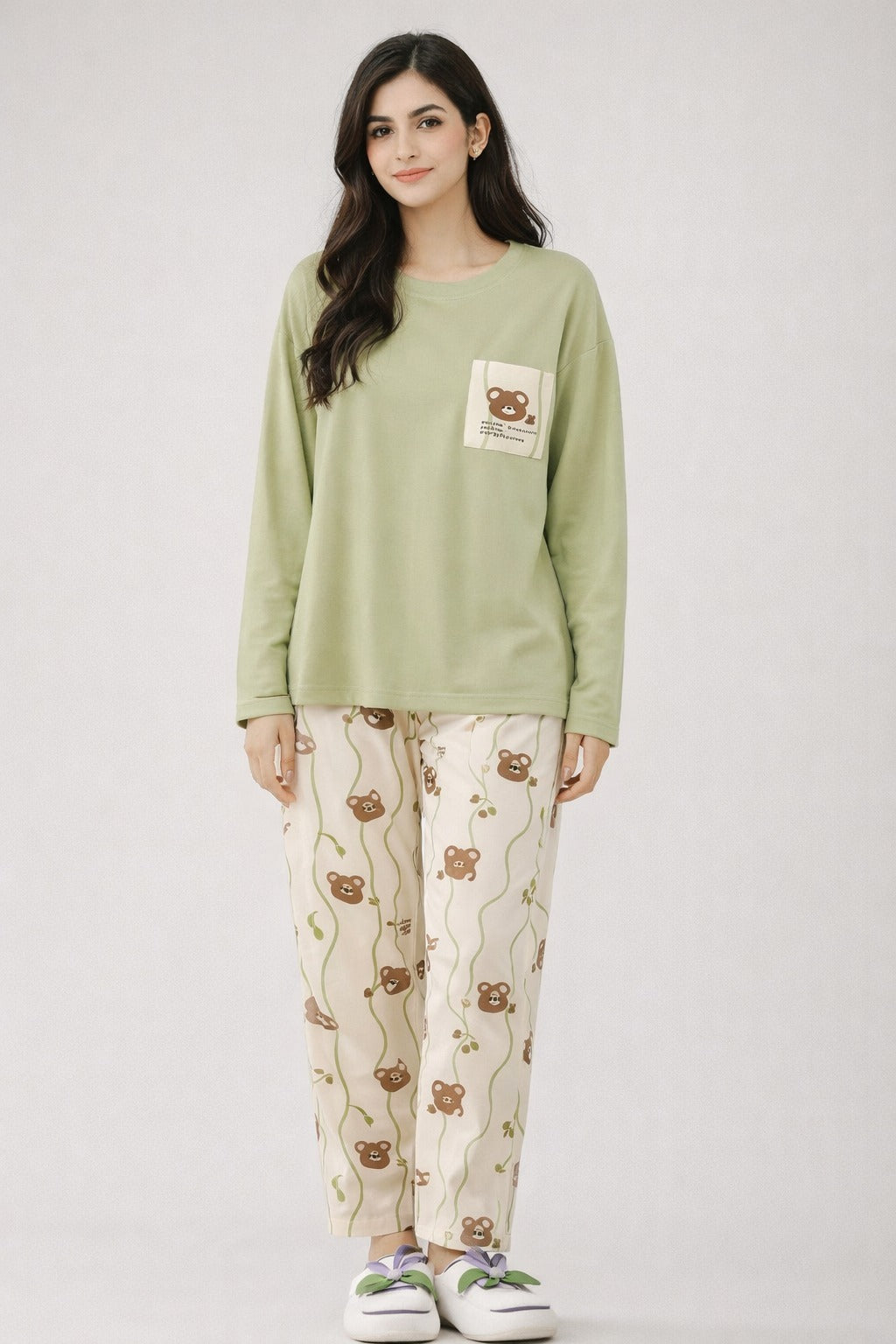 Green Bear Design Night Suit – Premium Soft Fabric for Girls & Women