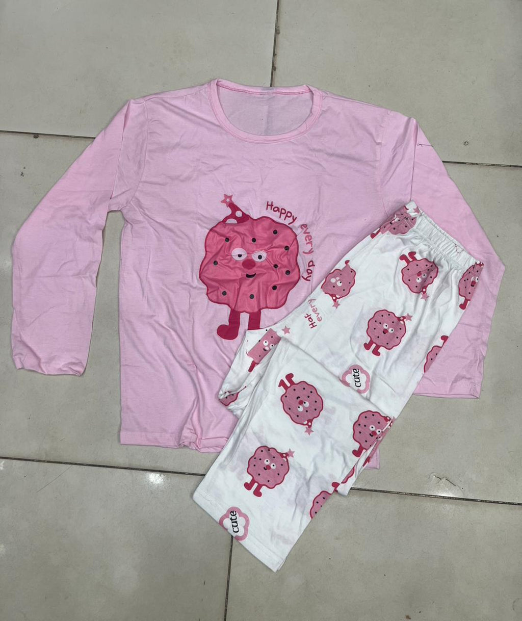 Happy Day Cartoon Design Night Suit for Girls & Women – Premium Fabric Sleepwear