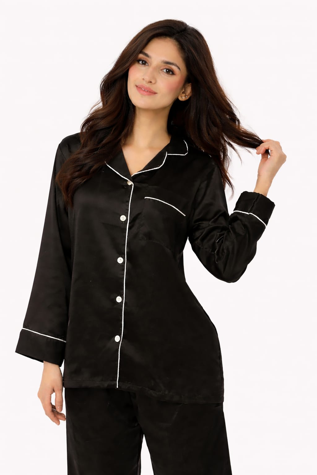 Silk Pajama Suit with Scrunchie - Pearl