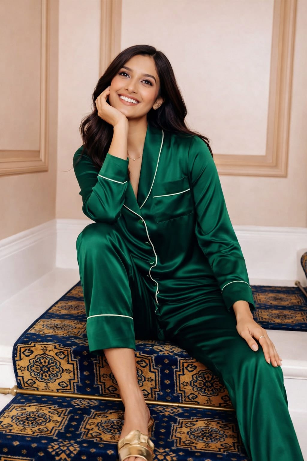 Silk Pajama Suit with Scrunchie - Pearl