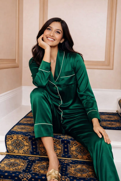 Silk Pajama Suit with Scrunchie - Pearl