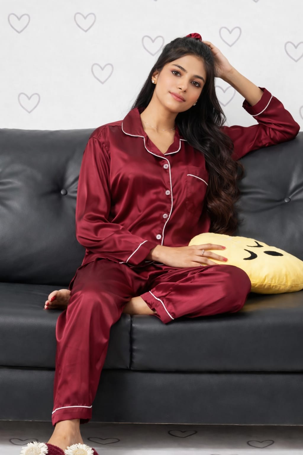 Silk Pajama Suit with Scrunchie - Pearl