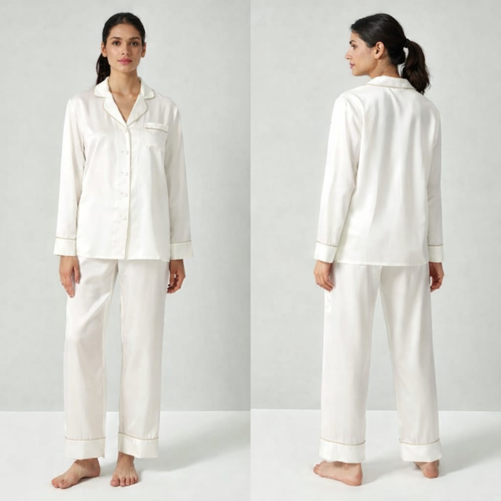 Silk Pajama Suit with Scrunchie - Pearl
