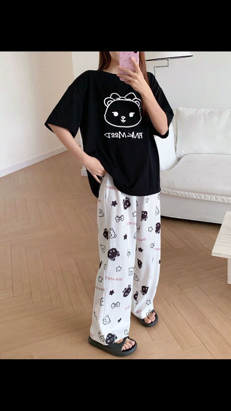 Black Smile Design Night Dress for Women – Cotton Jersey Summer Night Suit