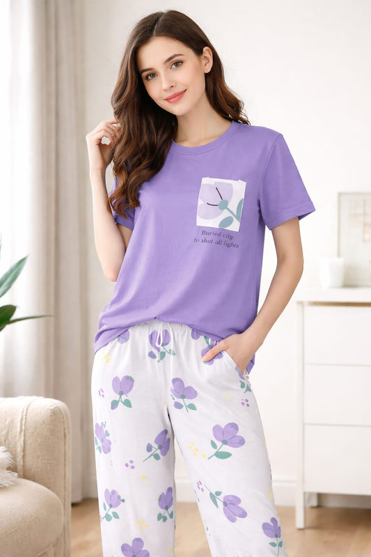 Purple Pocket Design Night Dress for Women