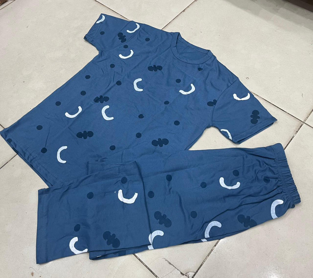 Blue Pattern Design Night Suit for Girls & Women – Premium Fabric Sleepwear Set