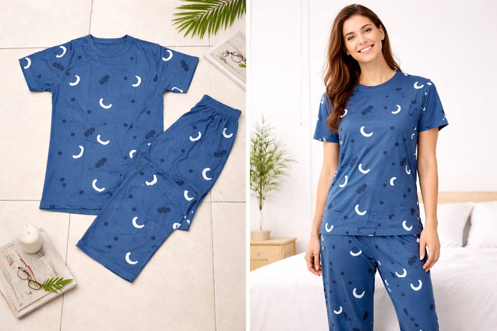 Blue Pattern Design Night Suit for Girls & Women – Premium Fabric Sleepwear Set