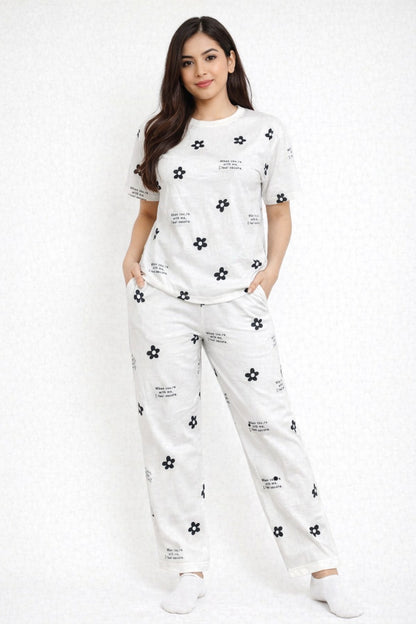 White Flower Print Night Dress for Women