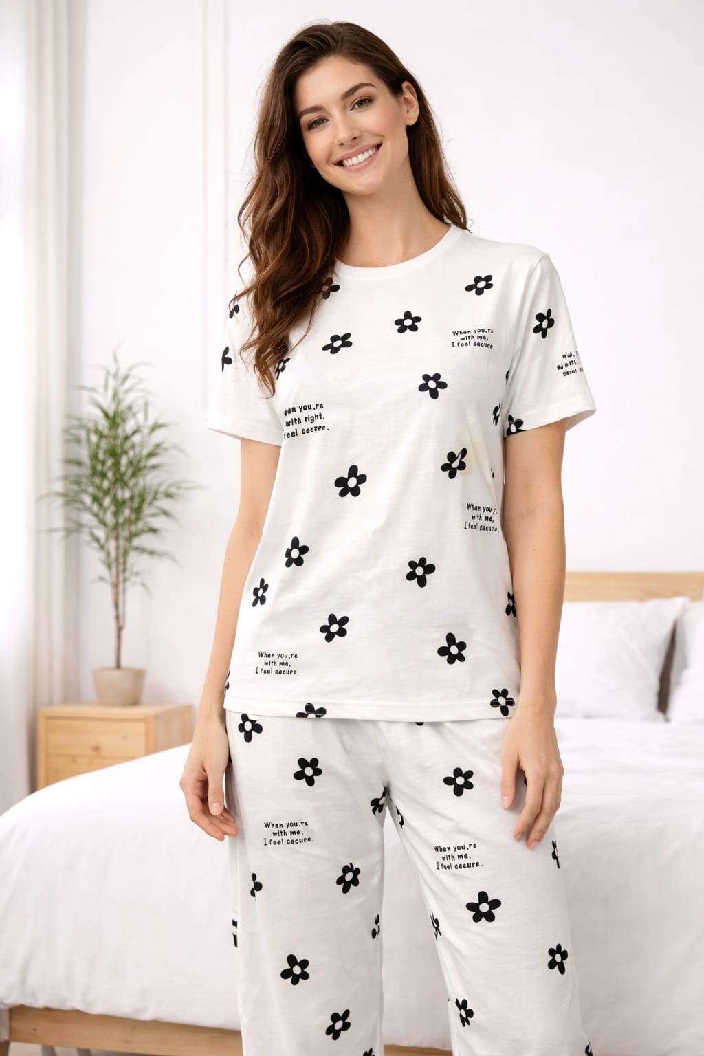 White Flower Print Night Dress for Girls & Women – Soft & Comfortable Sleepwear