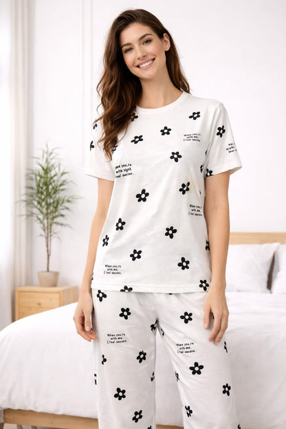 White Flower Print Night Dress for Women