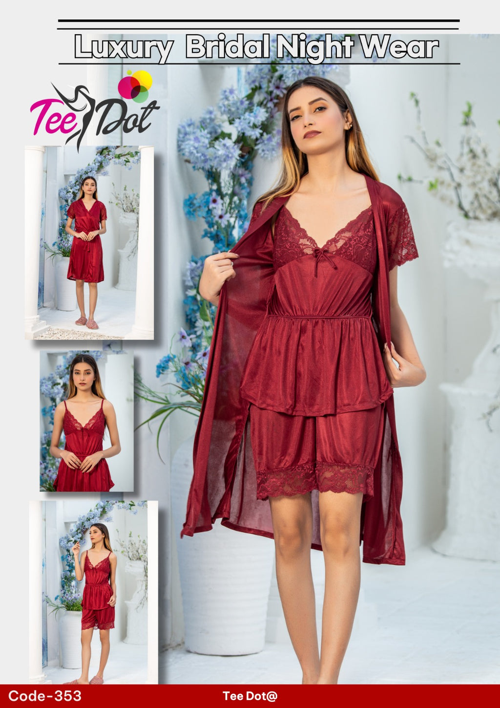 Premium Silk 3 Piece Nightwear Set – Soft Comfortable Free Size