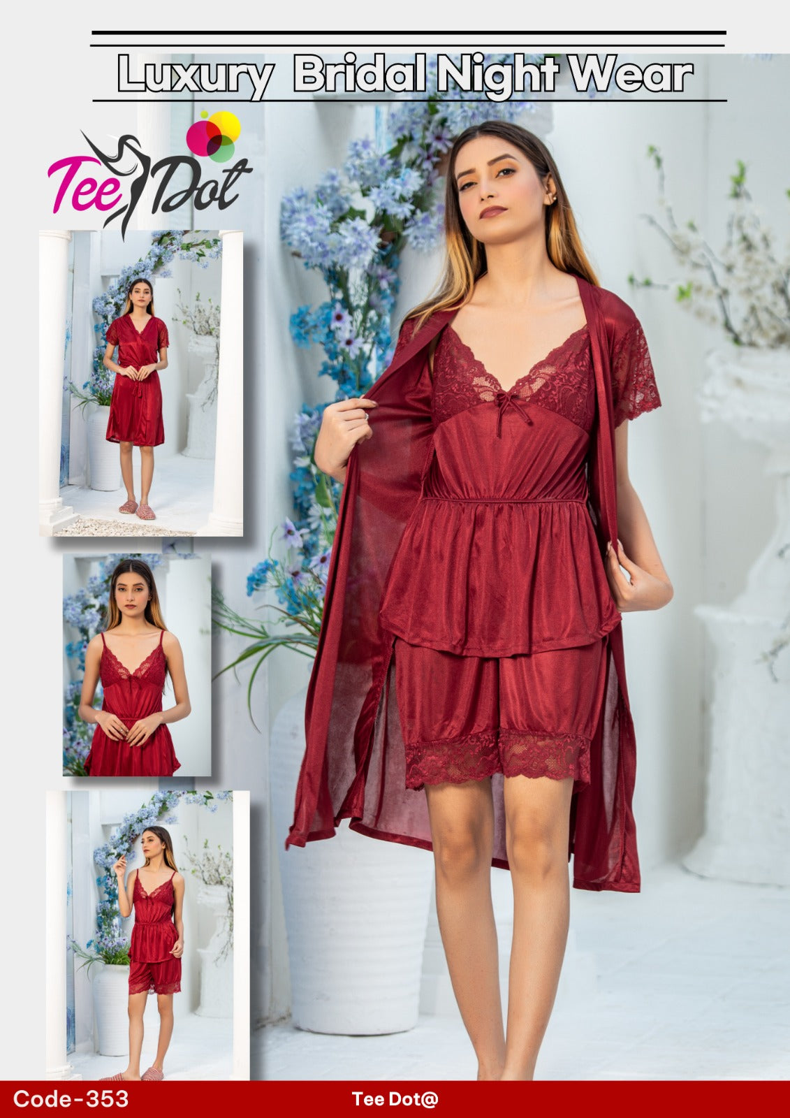 Premium Silk 3 Piece Nightwear Set – Soft Comfortable Free Size