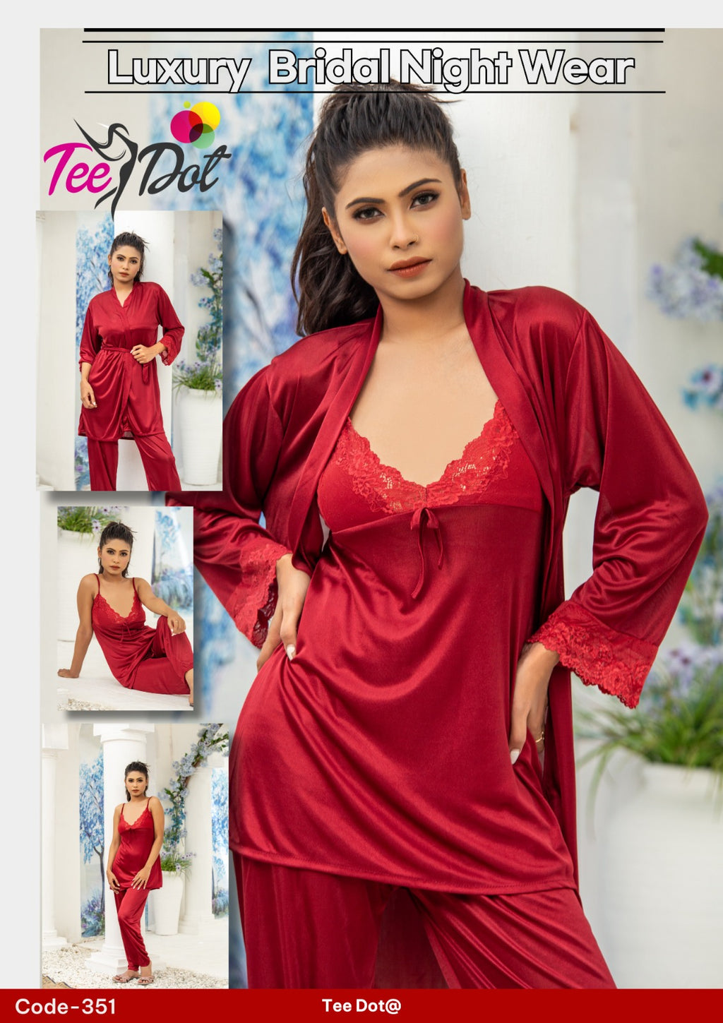 Premium Silk 3 Piece Nightwear Set (Article 351) – Free Size Soft Sleepwear