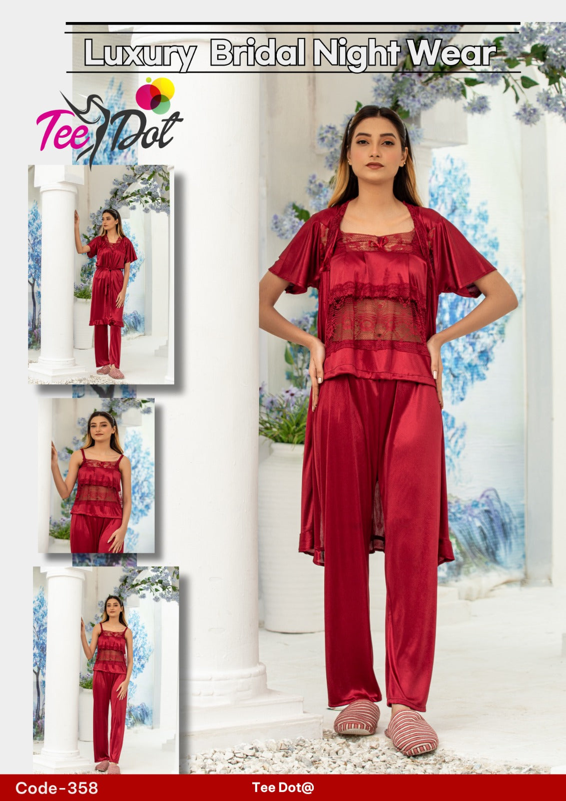 Premium Silk 3 Piece Nightwear Set (Article 358) – Free Size Soft Sleepwear