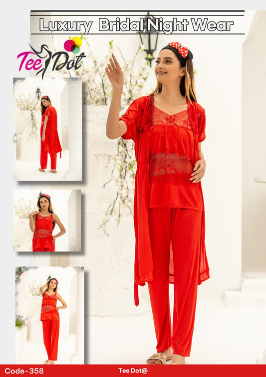 Premium Silk 3 Piece Nightwear Set (Article 358) – Free Size Soft Sleepwear
