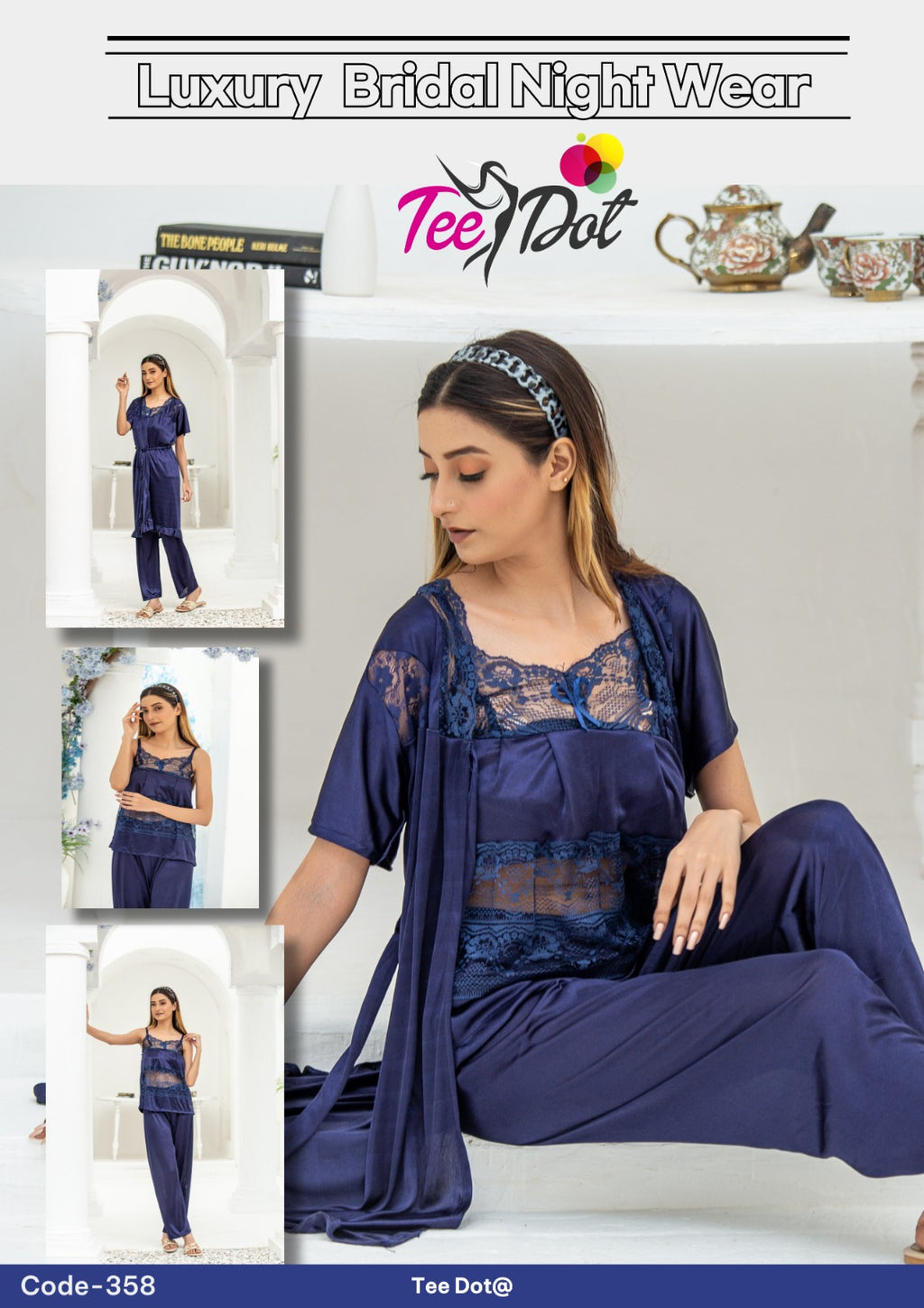 Premium Silk 3 Piece Nightwear Set (Article 358) – Free Size Soft Sleepwear