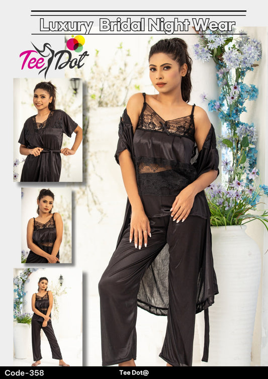 Premium Silk 3 Piece Nightwear Set (Article 358) – Free Size Soft Sleepwear