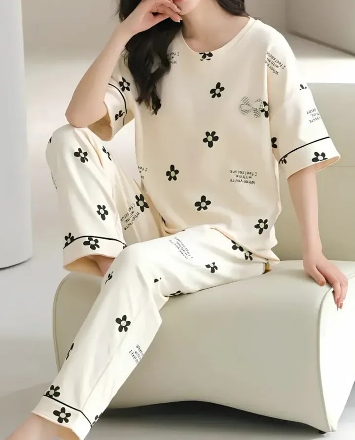 Off White Flower Printed Night Suit