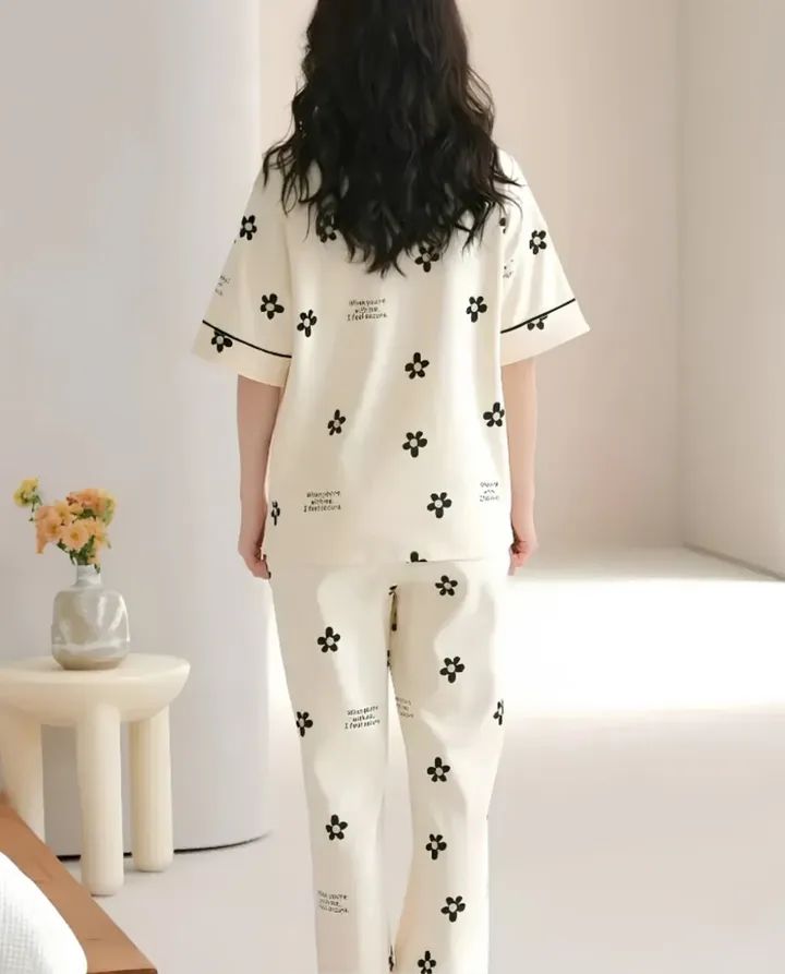Off White Flower Printed Night Suit