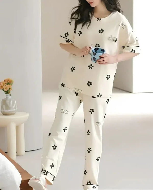 Off White Flower Printed Night Suit