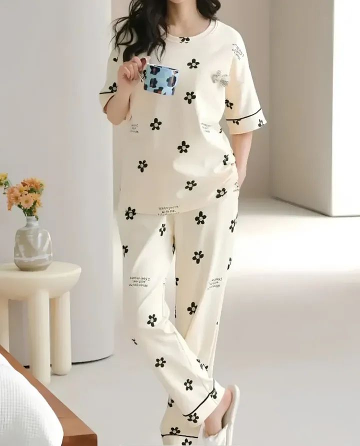 Off White Flower Printed Night Suit