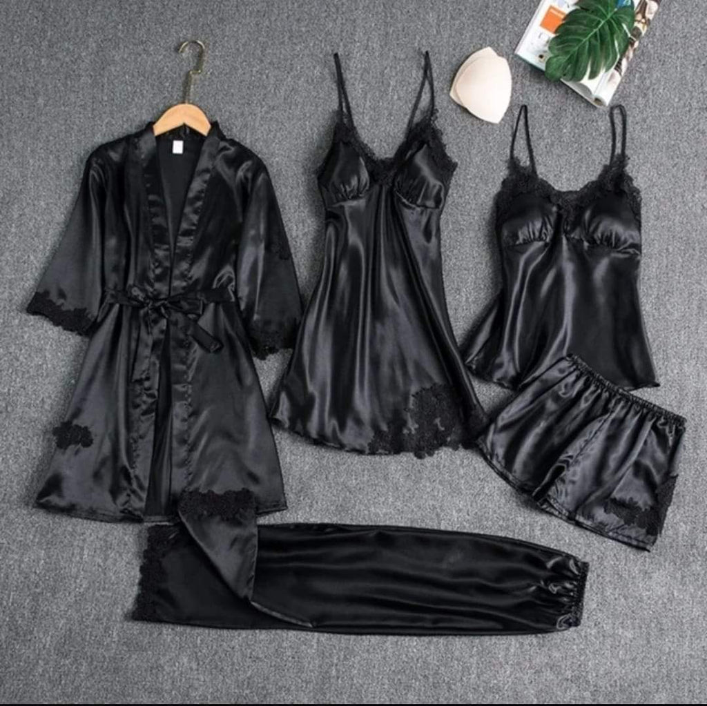 5 Pcs Silk Satin Pajama Set – Lace Cami Top Nightgown Robe Sleepwear