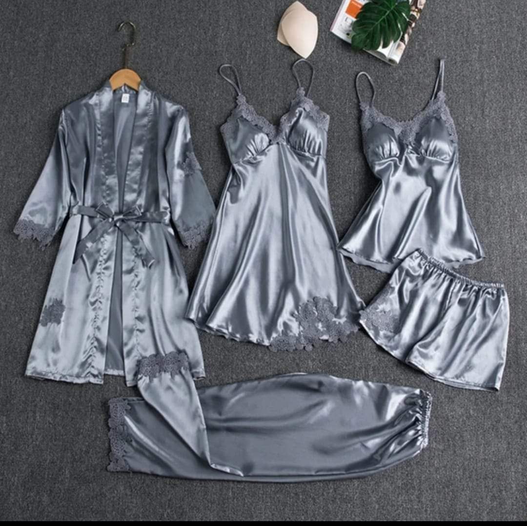5 Pcs Silk Satin Pajama Set – Lace Cami Top Nightgown Robe Sleepwear