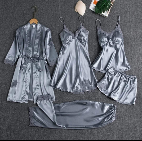 5 Pcs Silk Satin Pajama Set – Lace Cami Top Nightgown Robe Sleepwear