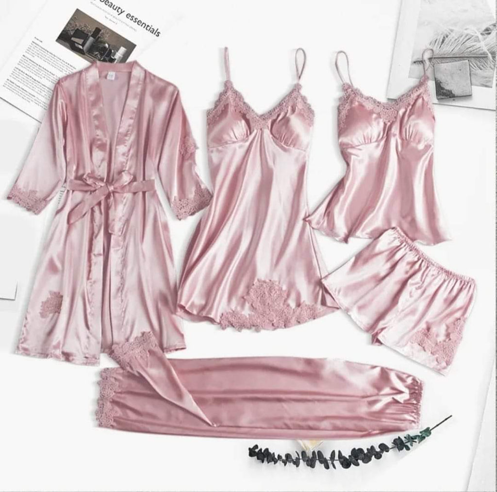 5 Pcs Silk Satin Pajama Set – Lace Cami Top Nightgown Robe Sleepwear