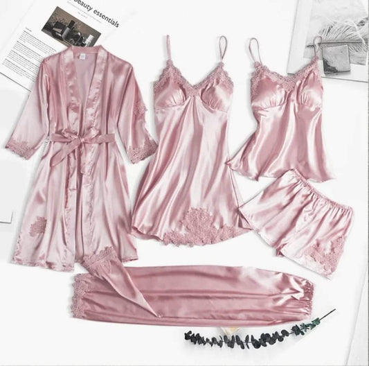 5 Pcs Silk Satin Pajama Set – Lace Cami Top Nightgown Robe Sleepwear