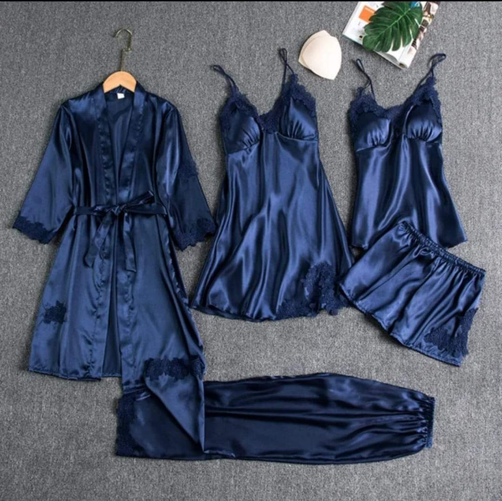5 Pcs Silk Satin Pajama Set – Lace Cami Top Nightgown Robe Sleepwear