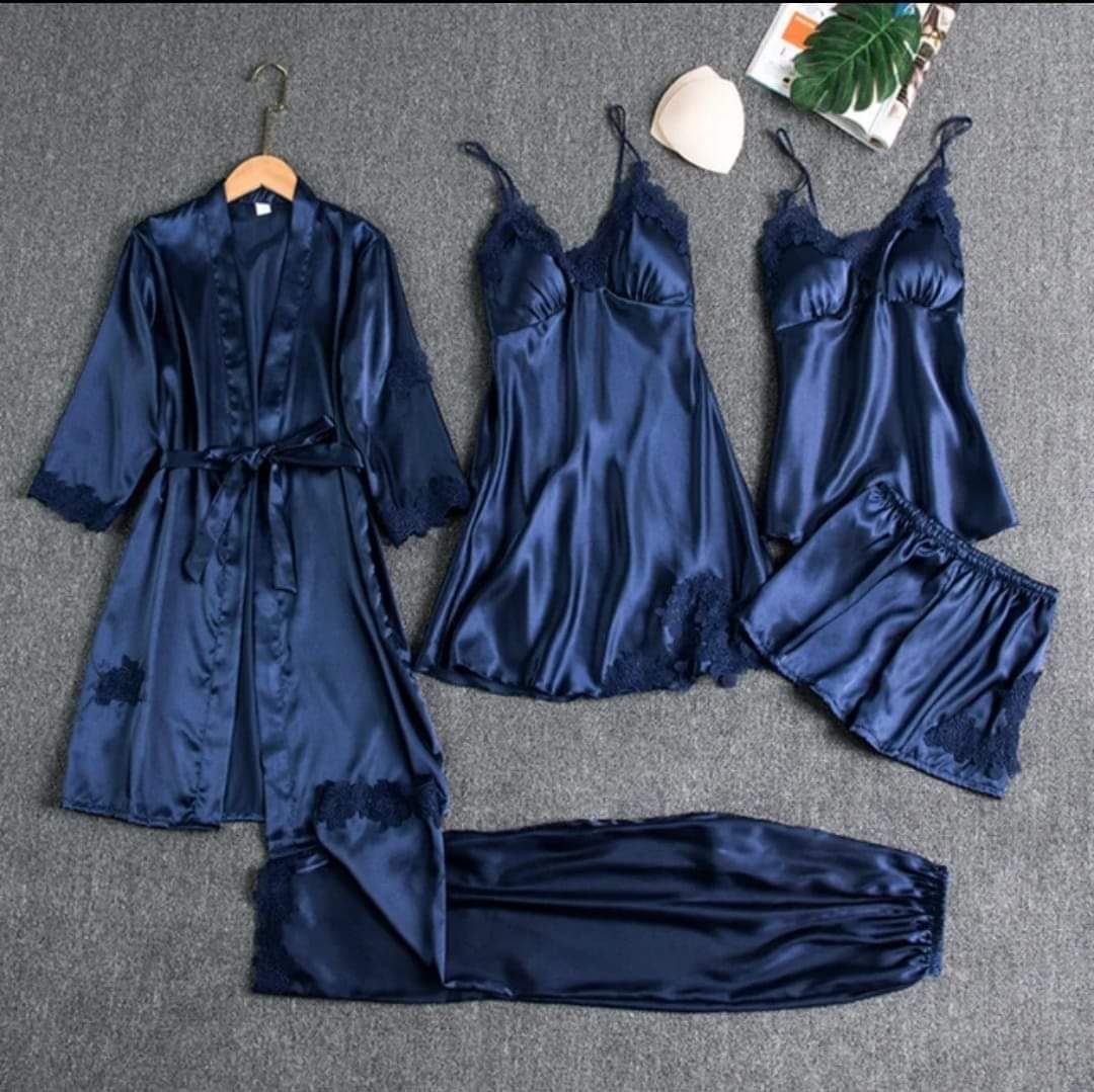 5 Pcs Silk Satin Pajama Set – Lace Cami Top Nightgown Robe Sleepwear