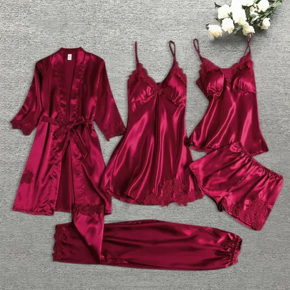 5 Pcs Silk Satin Pajama Set – Lace Cami Top Nightgown Robe Sleepwear