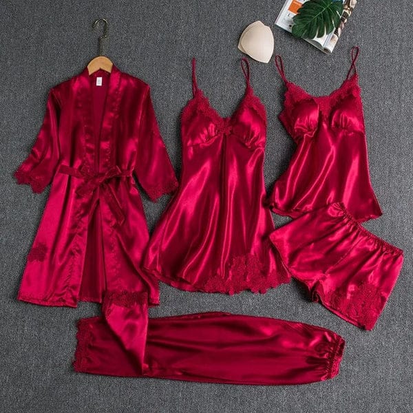 5 Pcs Silk Satin Pajama Set – Lace Cami Top Nightgown Robe Sleepwear