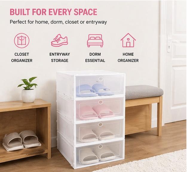 Stackable Shoe Storage Organizer Box | Transparent Plastic Shoe Case