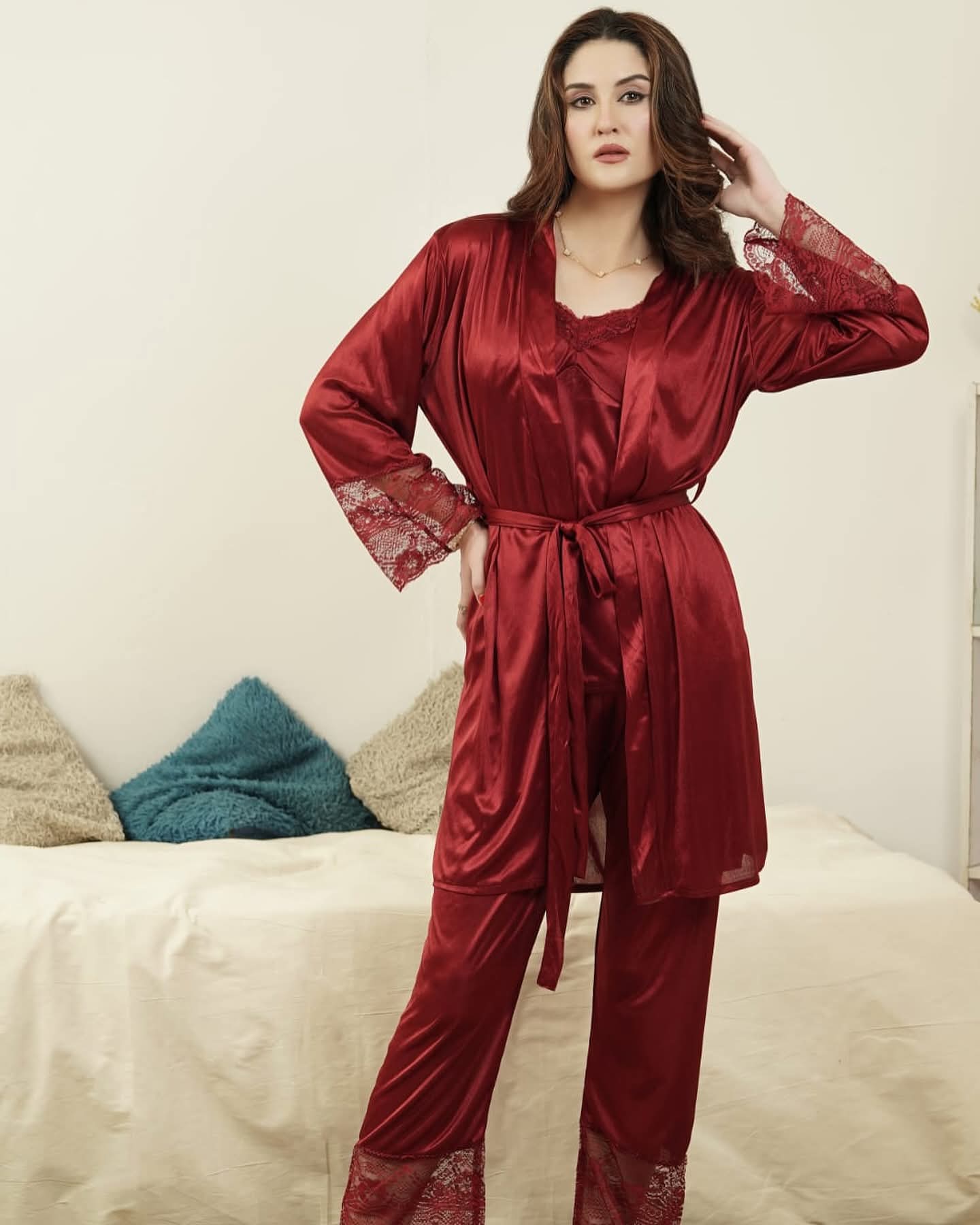 Premium 5 Piece Bridal Nighty Set for women made from imported Lycra Silk Jersey fabric featuring a gown, trouser, shorts, long camisole, and short camisole.
