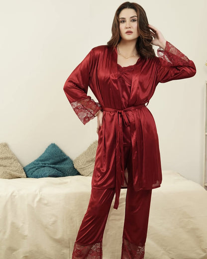 Premium 5 Piece Bridal Nighty Set for women made from imported Lycra Silk Jersey fabric featuring a gown, trouser, shorts, long camisole, and short camisole.