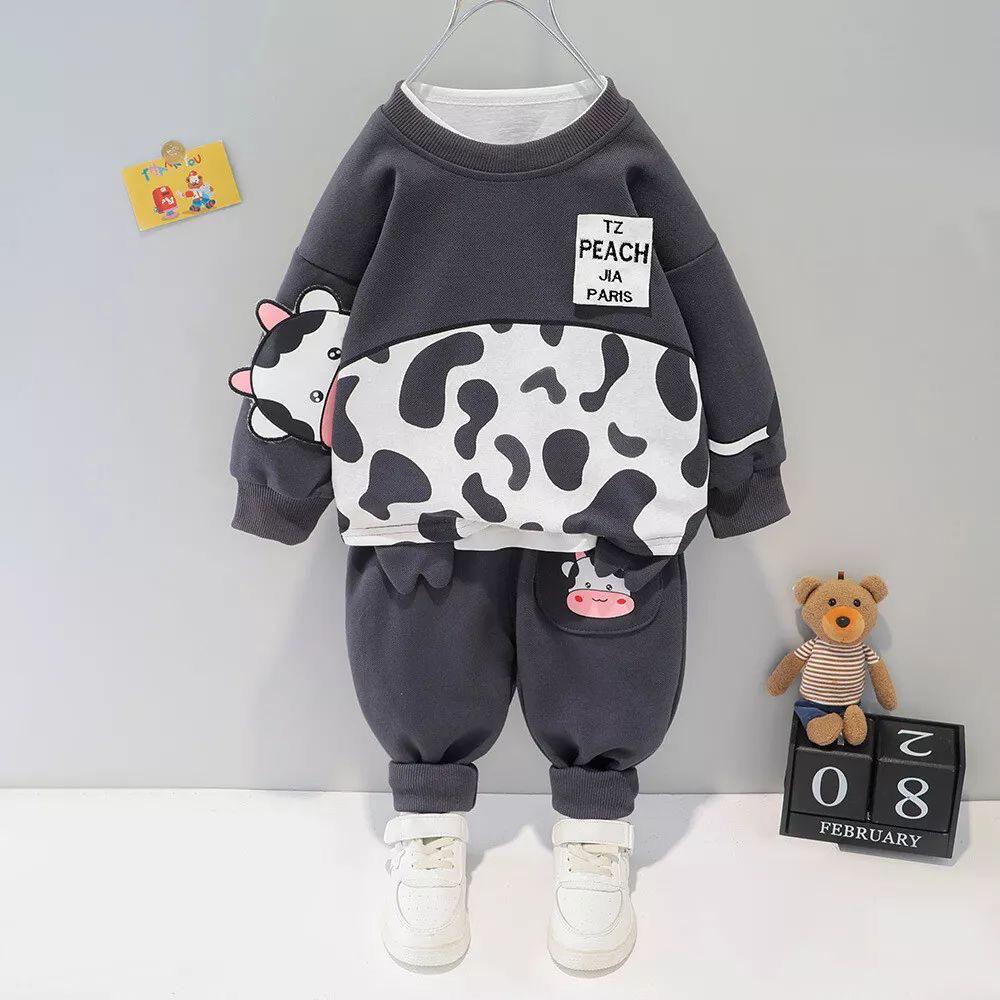 Dark Grey Panel Style Printed Kids Fleece Tracksuit