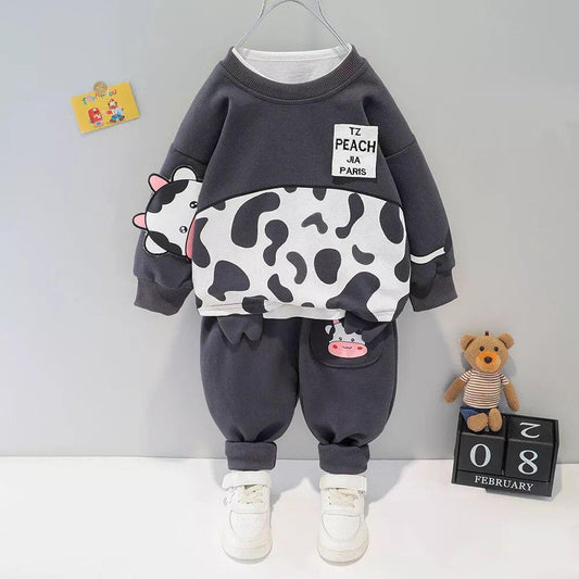 Dark Grey Panel Style Printed Kids Fleece Tracksuit