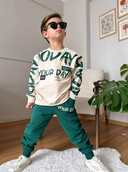 Green Your Day Printed Kids Fleece Tracksuit