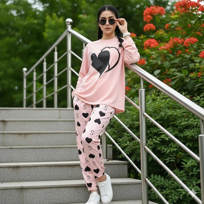 Pink Heart Printed Night Suit