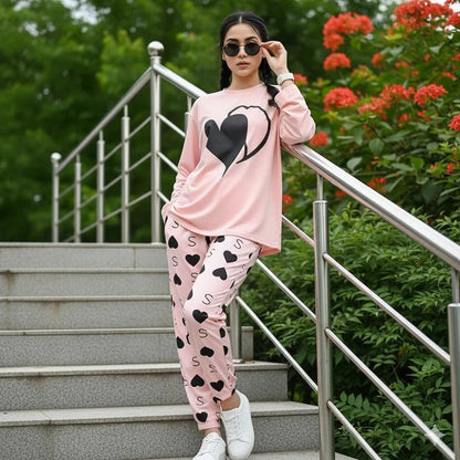 Pink Heart Printed Night Suit