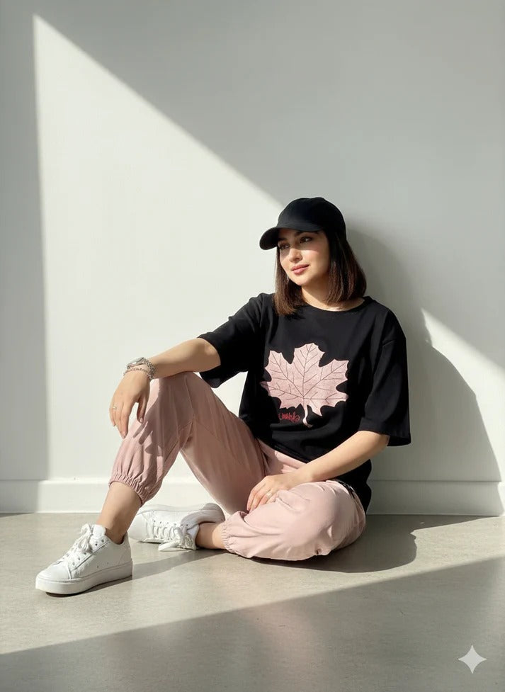 Black & Pink Leaf Design Night Suit