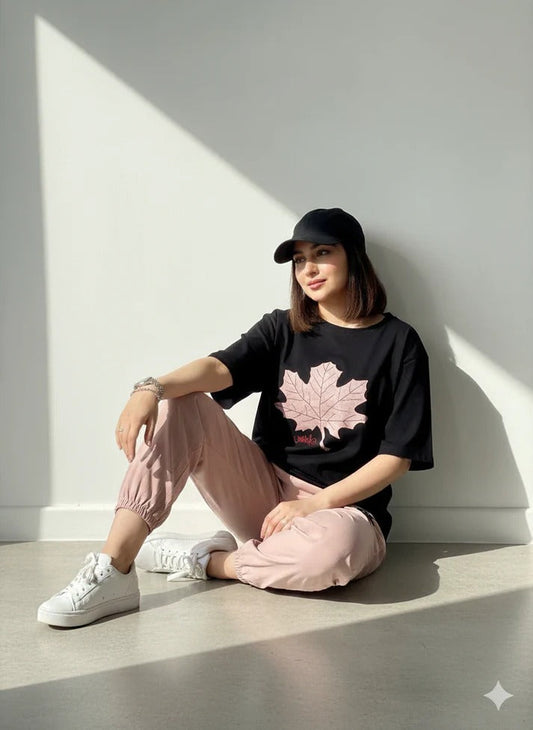 Mapple Black & Pink Leaf Design Night Suit
