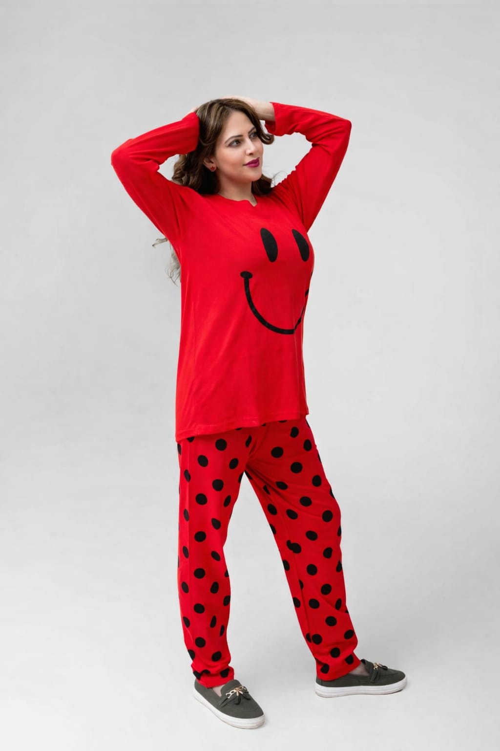 Red Smiley Full Sleeves Printed Pajama Night Suit for Women – Soft & Comfortable Sleepwear