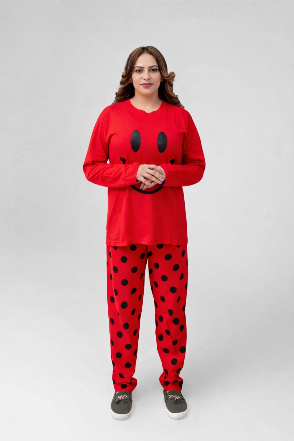 Red Smiley Full Sleeves Printed Pajama Night Suit for Women – Soft & Comfortable Sleepwear